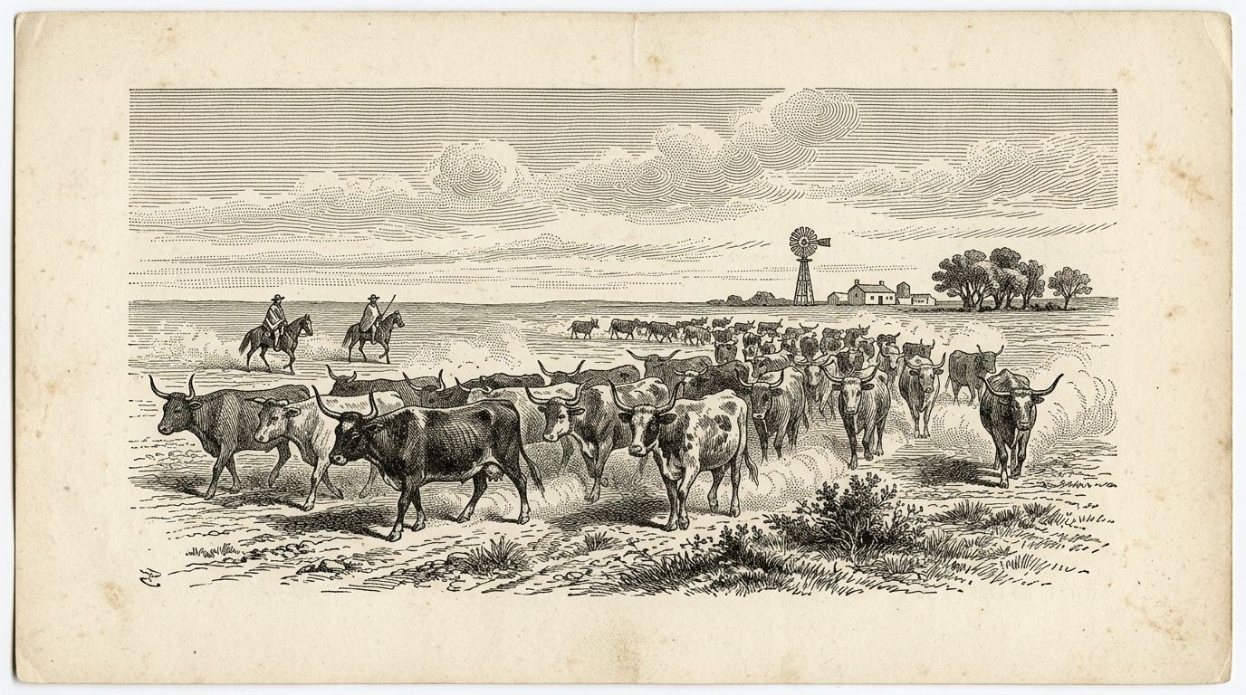 Grabado de una tropa de hacienda arreada por dos jinetes en la pampa argentina