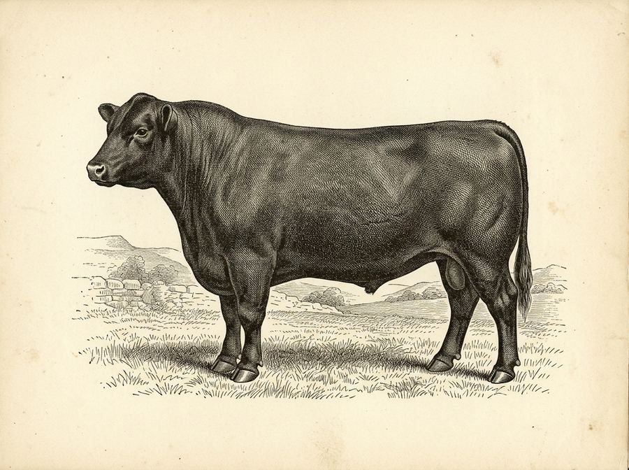 Grabado de un toro Aberdeen Angus, plancha de catálogo