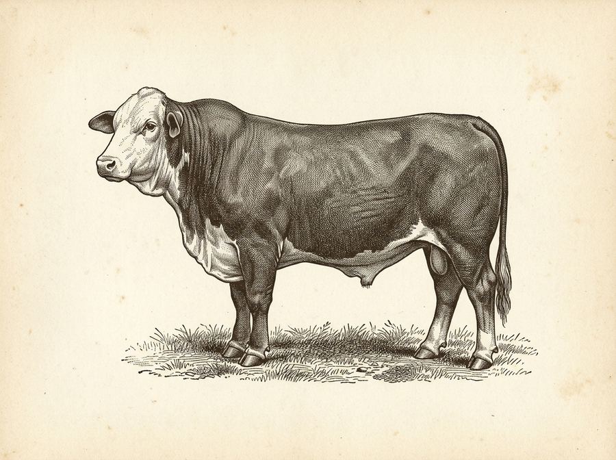 Grabado de un toro Braford, plancha de catálogo