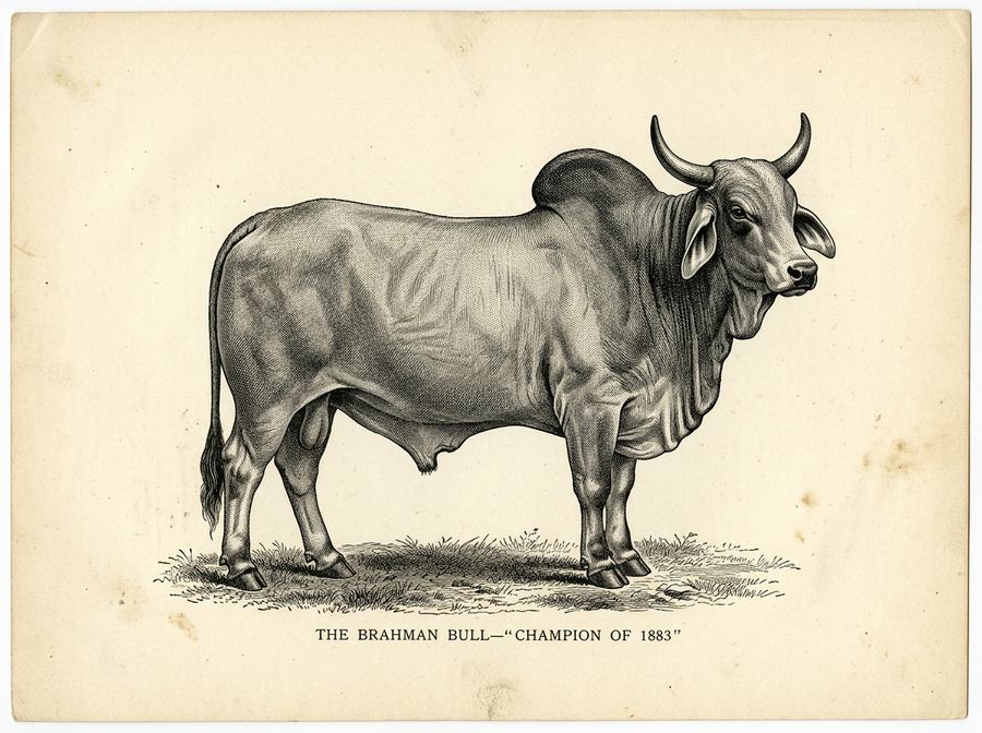 Grabado de un toro Brahman, plancha de catálogo