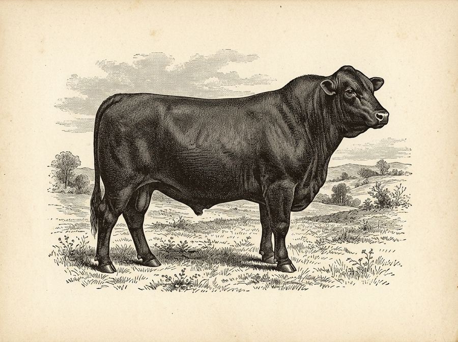 Grabado de un toro Brangus, plancha de catálogo