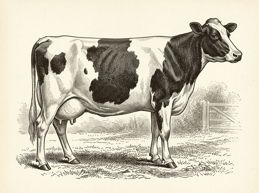 Grabado de una vaca Holando Argentino, plancha de catálogo